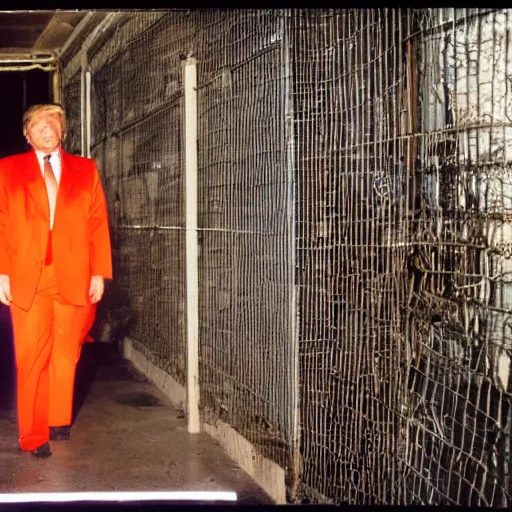 Image similar to donald trump in prison, orange prisonner uniform, photography, medium shot, filthy and humid prison, natural prison light, by terry richardson