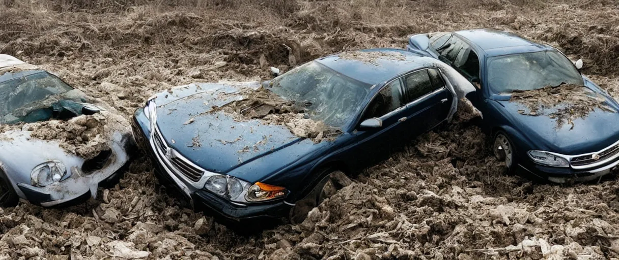 Prompt: a abandoned 2 0 0 4 jaguar xj 8 buried underwater alongside a 2 0 0 1 chevrolet suburban.