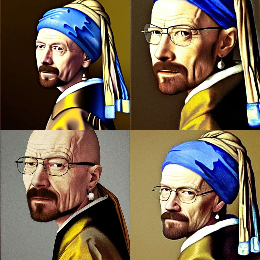 Prompt: Walter White with a pearl earring by Johannes Vermeer