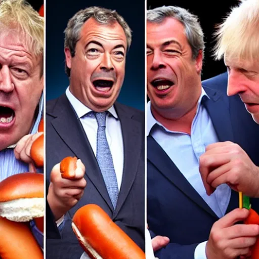 Image similar to jeremy clarkson shouting angry, nigel farage shouting angry, boris johnson shouting angry all fighting over hot dogs