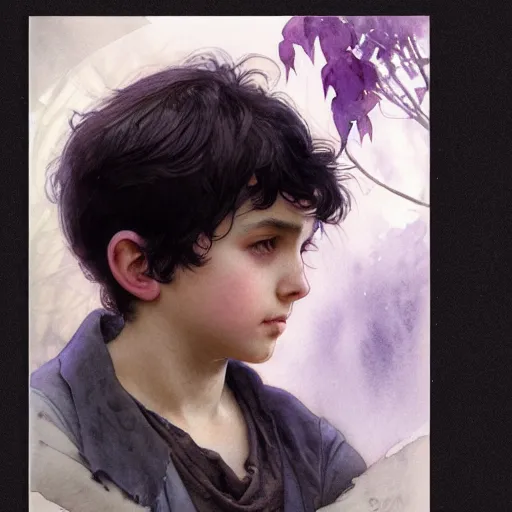 Image similar to young boy, black hair, purple eyes, gorgeous, amazing, delicate, elegant, intricate, highly detailed, watercolor, portrait, artstation, concept art, sharp focus, illustration, art by artherm and greg rutkowski and alphonse mucha