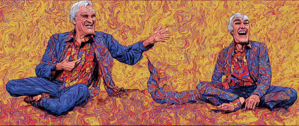 Image similar to an awesome jean giraud digital art masterpiece of timothy leary laughing while sitting cross - legged on a pillow and giving a talk to a small audience