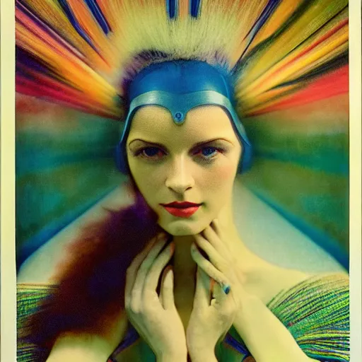 Image similar to beautiful futuristic super schizophrenic psychedelic superhuman, lush detail, national geographic, steichen, herb ritts, roger deakins, anne leibovitz, alphonse mucha, sharp focus, ultra - realistic, hyperrealism, isotonic