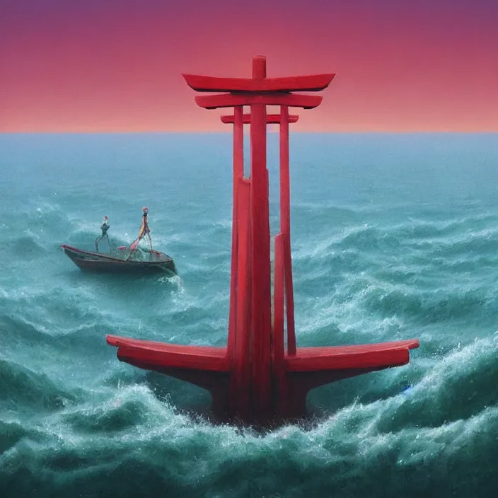 Image similar to a beautiful painting of a torii at sea by simon stalenhag and zdzisław beksinski and rene magritte and greg rutkowski, in style of digital art. hyper detailed, sharp focus, soft light. unreal engine 5. ray tracing. trending on artstation