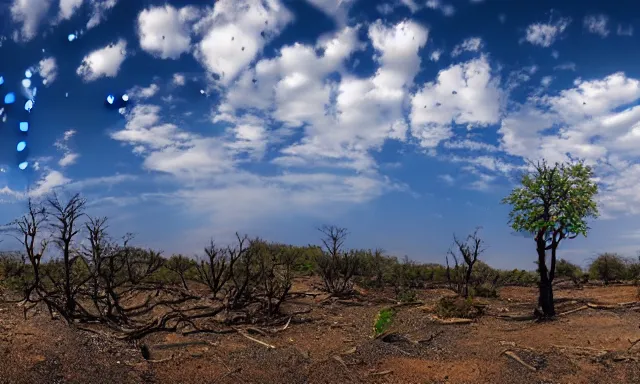 Image similar to beautiful panorama of a perfect cloudless blue sky full of many magnificent big upside-down raindrops above a dried up river, desolate land, dead trees, blue sky, hot and sunny highly-detailed, elegant, dramatic lighting, artstation, 4k, cinematic landscape, masterpiece photograph by Elisabeth Gadd, National Geographic