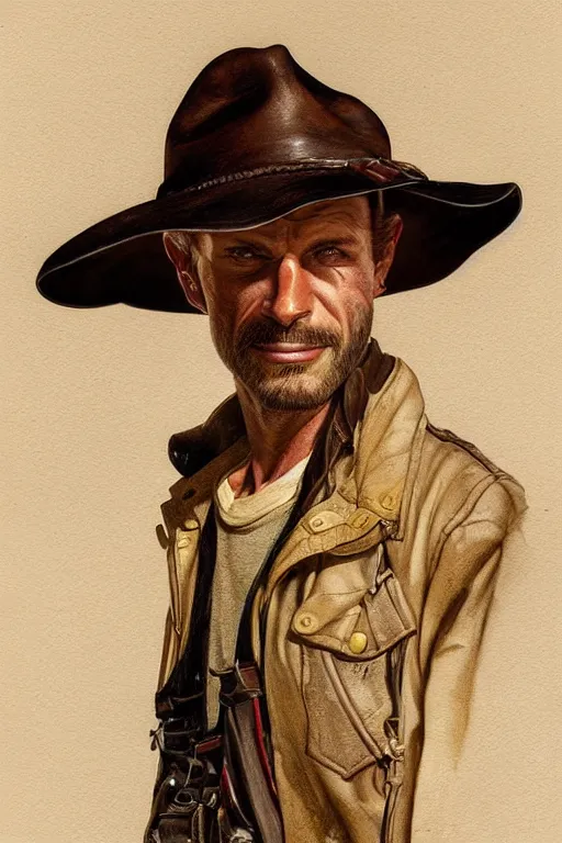 Image similar to headshot portrait of a gaunt 40's adventurer, unshaven, optimistic, stained dirty clothing, straw hat, riding boots, red t-shirt, dusty rown bomber leather jacket, concept art, photorealistic, hyperdetailed, 3d rendering! , art by Leyendecker and frazetta!,