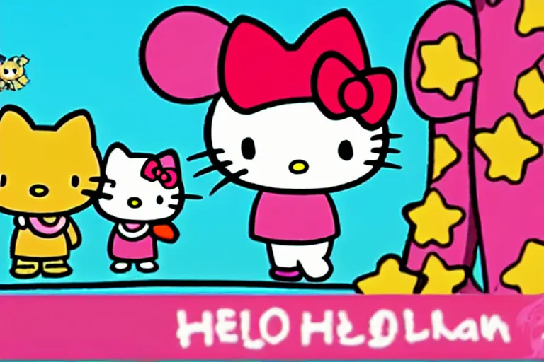 Prompt: animated cartoon film of hello kitty at the gym, big muscles hello kitty by sanrio