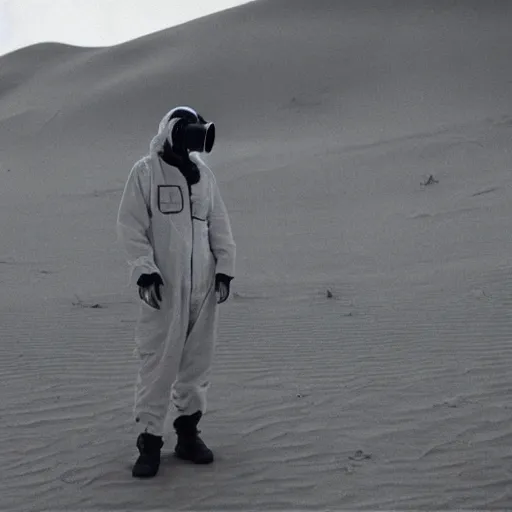 Prompt: a man wearing a hazmat suit and gasmask in desert, arriflex 35, film still, cinematic composition