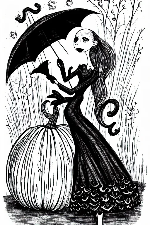 Prompt: black and white ink drawing of a beautiful woman in short gothic dress holding an umbrella next to a pumpkin by tim burton and edward gory