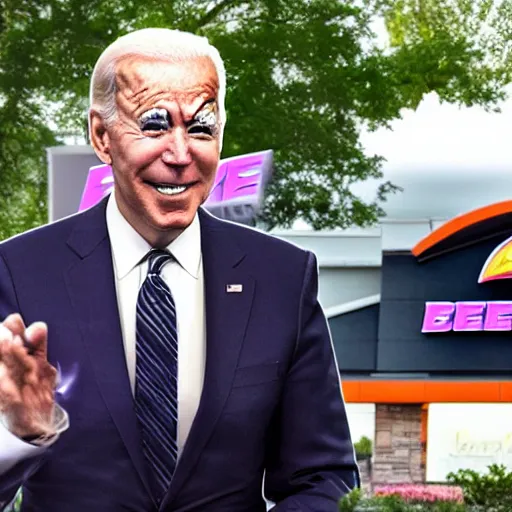 Image similar to joe biden lost in the fae realm, stumbles upon a taco bell, live mas