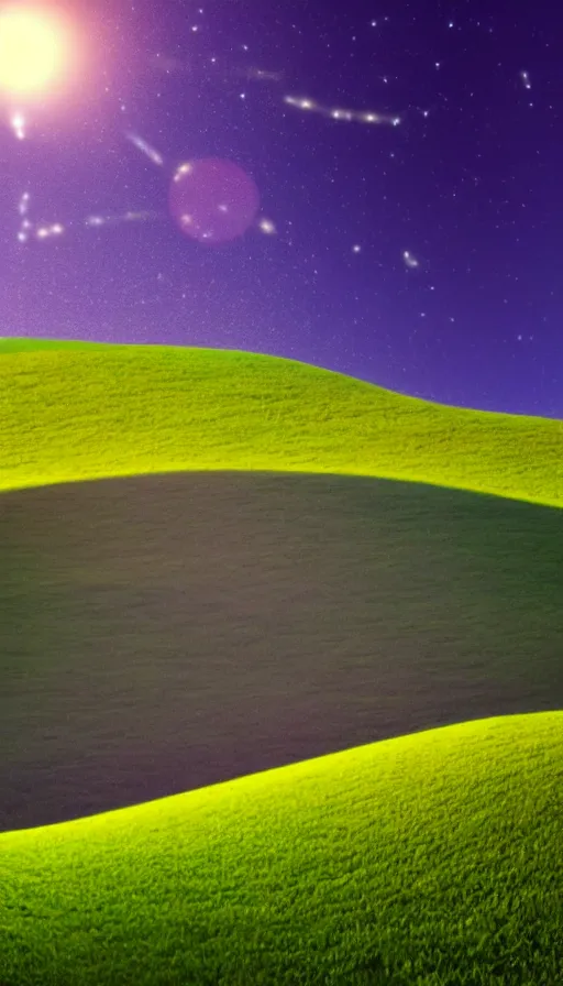 Prompt: night scene of the windows xp background location illuminated by an unknown light source, phone screenshot, liminal space