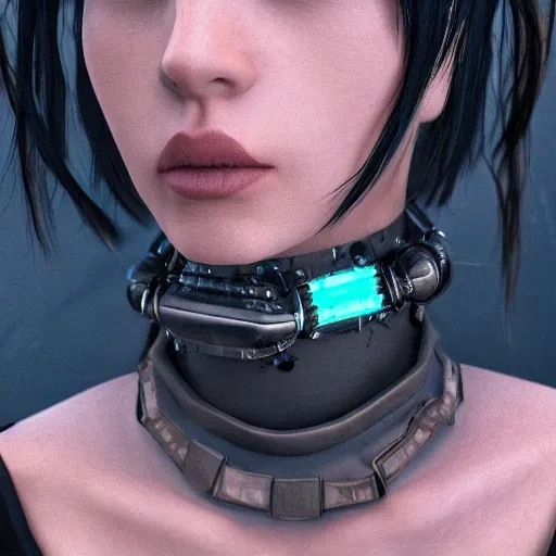 Image similar to detailed realistic female character cyberpunk wearing thick technological collar around neck, realistic, art, beautiful, 4K, collar, choker, collar around neck, punk, artstation, detailed, female, woman, choker, cyberpunk, punk, collar, choker, collar around neck,