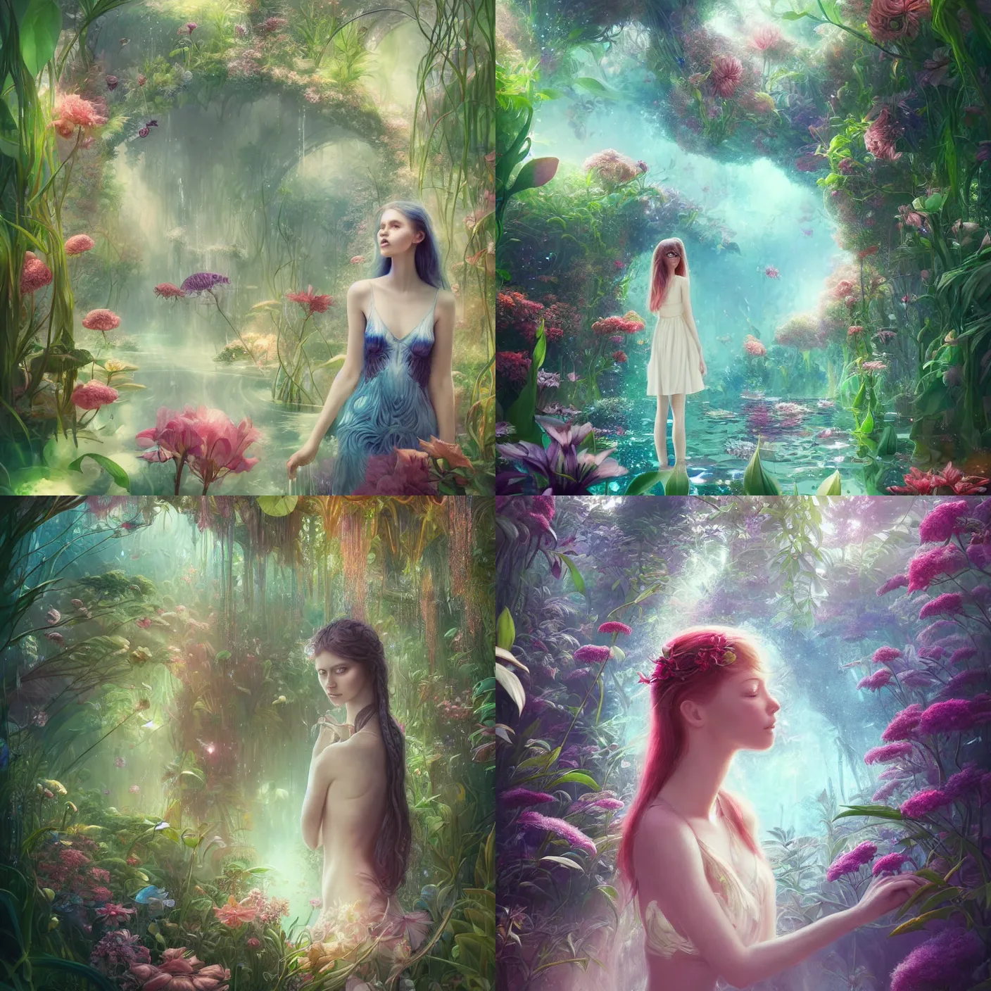 Prompt: a girl standing inside a botanical garden filled with water by Anna Dittmannand, digital art. surreal. trending on artstation, HD, 8K, highly detailed, good lighting. beautiful. epic,