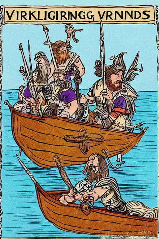 Image similar to “Poster of Vikings in a viking boat. Retro cartoon caricature.”