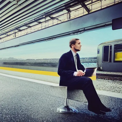 Image similar to a man in a suit waiting at a train station with a view of outer space across from him