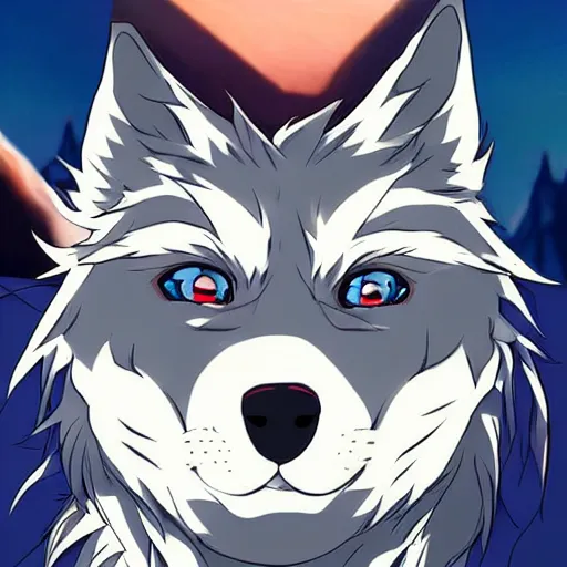 Image similar to key anime visual portrait of an anthropomorphic anthro wolf fursona, in a jacket, with handsome eyes, official modern anime art