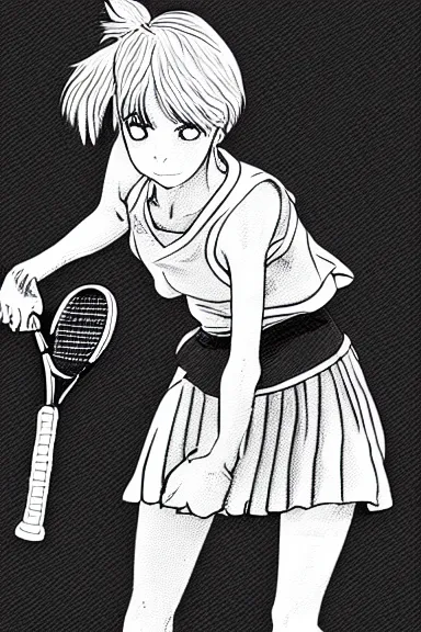 Prompt: slim girl playing tennis, black and white artwork in manga style, made by kentaro miura