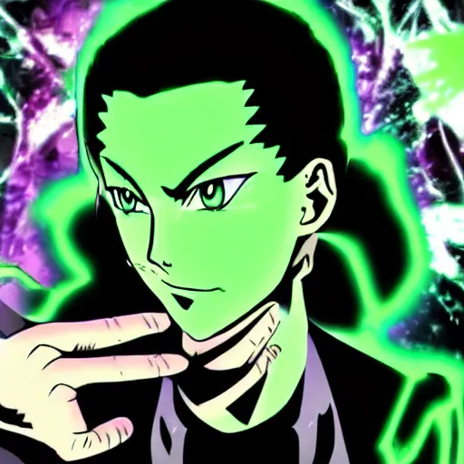 Prompt: A man with a green aura In the style of Togashi