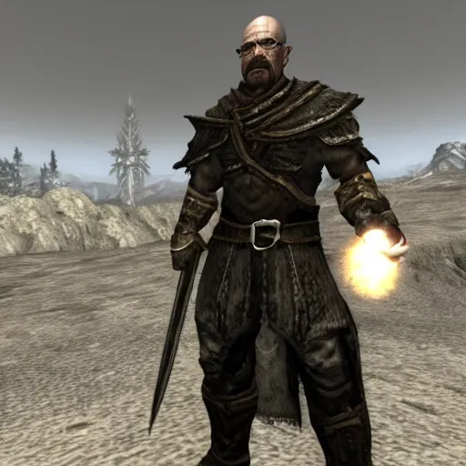 Prompt: walter white in sovngarde, skyrim, alduin, black dragon, adventuring gear, nord, viking