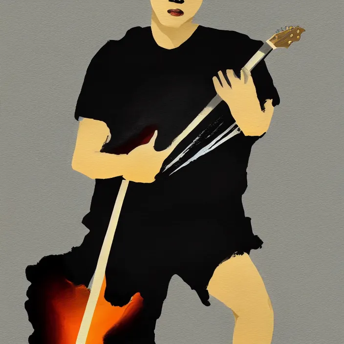 Prompt: minimal dramatic painting of a young korean man wearing black t shirt holding an electric guitar!!, dark background, huge dramatic brush strokes, matte colors, abstract, trending on artstation