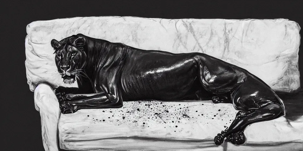Image similar to a black lioness, made of ferrofluid, viscous, sticky, full of ferrofluid, laying on the white couch, covered with black goo. photography, dslr, realism, animal drawing, color, rim - light, wrinkles, reflections, wildlife photography, ferrofluid