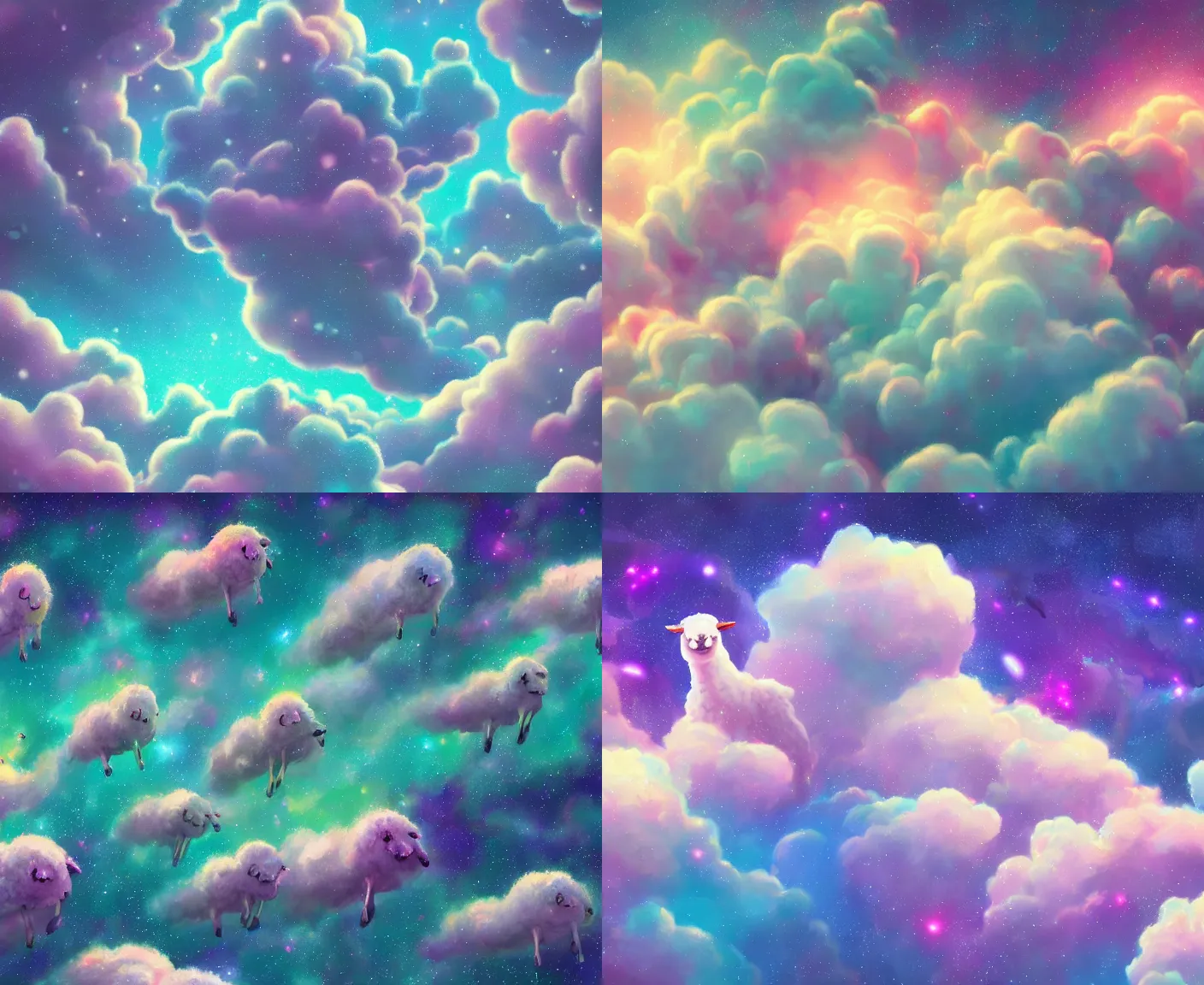 Image similar to cute flock of sheep that are jumping on clouds of nebula in a vast galaxy of colorful sparkling stars, grazing on cotton lumps of the cloud, beautiful clear detailed digital art, detailed detailed detailed, by Gravity Falls, by Louyang Zhang Artstation