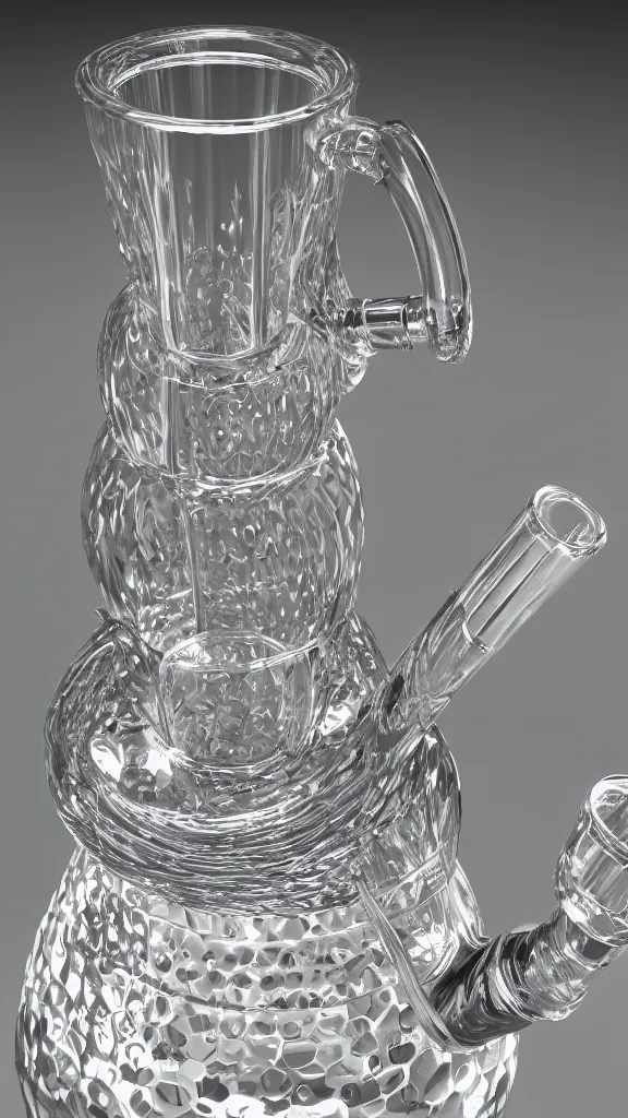 Image similar to amazing swiss double percolator vortex water bong with diamond crystal bowl. hadron antimatter vacuum reactor. most expensive cannabis illadelph water bong concept, Photorealistic. 4k. God rays. Highly detailed. VRay Rendering. Unreal Engine