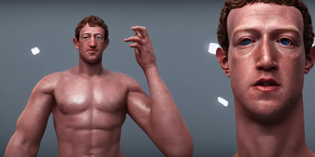 Image similar to professional photograph of a muscular mark zuckerberg as julius caesar, gleaming skin, glowing, sparkling, hyper realistic, digital painting, rendered in unreal 5, octane render, artstation, ambient lighting