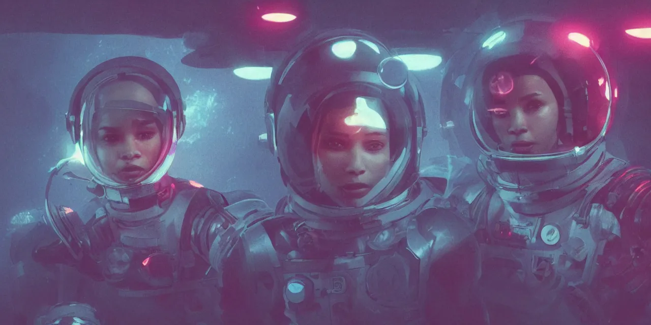 Image similar to Zoe Kravitz with short hair as a retro astronaut, helmet with led lights, alone underwater in the ocean at night, clear water, glowing bubbles, volumetric lighting, glowing lights, 4k, octane, unreal engine, digital painting, artstation, concept art, high contrast, high saturation , cinematic film still, sharp focus, illustration, art by Christopher Nolan and artgerm and greg rutkowski and alphonse mucha , wide angle view, full body