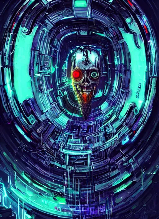 Image similar to a futuristic skull with glowing eyes and a wormhole tunnel cyberpunk art by android jones, cyberpunk art by beeple!!!!, featured on artstation, darksynth, synthwave