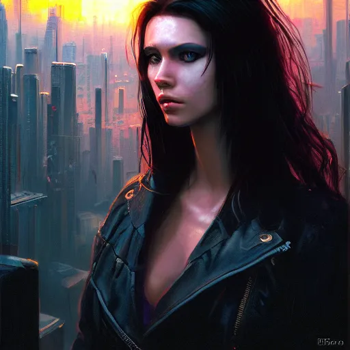 Image similar to portrait of a young beautiful cyberpunk woman, eye implants, black hair, sunset, neuromancer, cyberpunk city background, megacity, gorgeous view, depth, painted by seb mckinnon, high detail, digital art, painted by greg rutkowski, trending on artstation