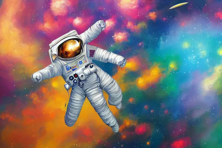 Image similar to A Detailed Painting of An Astronaut Floating In Space, Bright Colors, In The Style Of An oil Painting, Trending on cgsociety