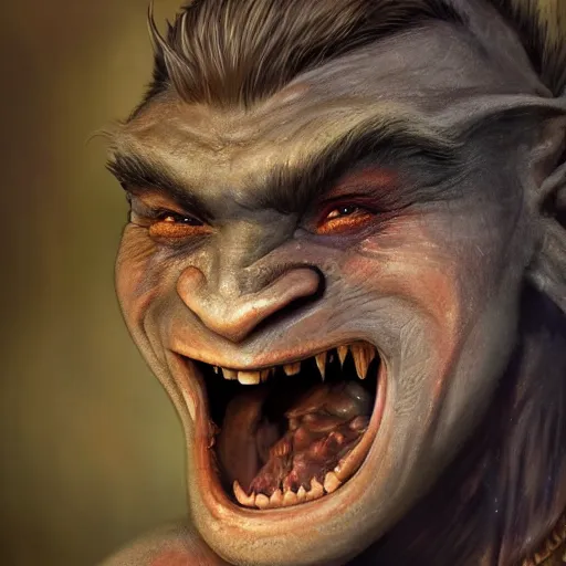 Prompt: a detailed portrait of a cute child orc boy smiling, fantasy art illustration, incredibly highly detailed and realistic, 8 k, sharp focus