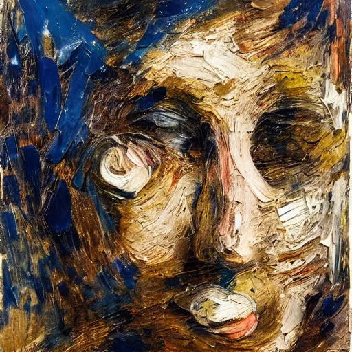 Prompt: oil paint impasto relief, portrait of woman's face, deep under water, lots blue colours, looking up, air bubbles, multi layered thick brush marks, some splattered paint, in the style frank auerbach and leonardo da vinci