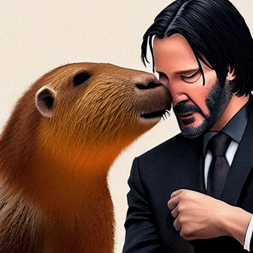 Prompt: john wick hugging a capybara