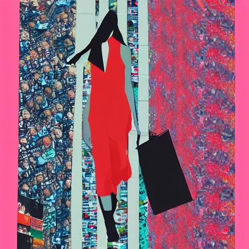 Image similar to maximalist paper collage art of a woman walking through a tokyo shopping district at sunset