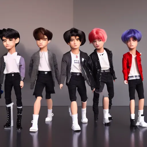 Prompt: bts boy band dolls on stage with screaming kim jong un octane render