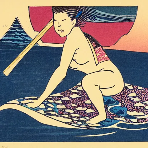 Image similar to girl surfing, woodblock print, style of hokusai, fine art, style of kanagawa, painting