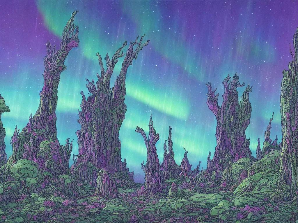 Image similar to an epic concept art, intricate coral, fungal gems, iridescent crystal monoliths, obelisks and an aurora borealis, mossy stumps, cell shading, by moebius, hiroshi yoshida, druillet, colorful, vivid colors