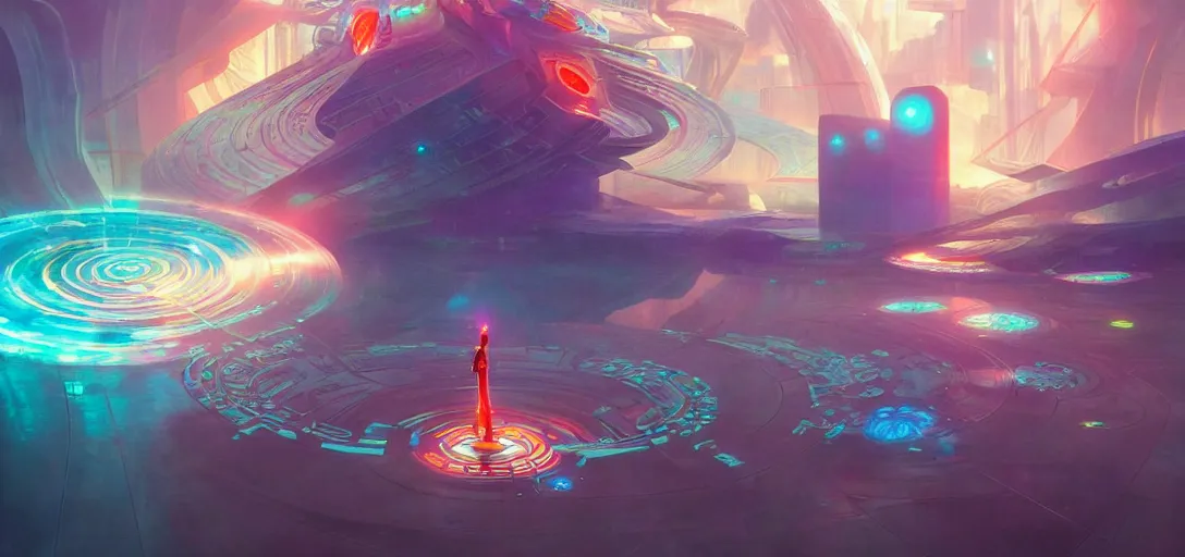 Image similar to a floating temple of androids, channeling swirling energy, wearing netrunner clothing, vaporwave aesthetic, colorful, psychedelic, digital painting, artstation, concept art, smooth, sharp focus, illustration, art by artgerm and greg rutkowski and alphonse mucha