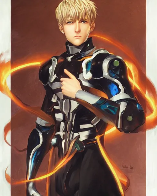 Prompt: Genos, anime, oil on canvas, artstation, by J. C. Leyendecker and Edmund Blair Leighton and Charlie Bowater, octane