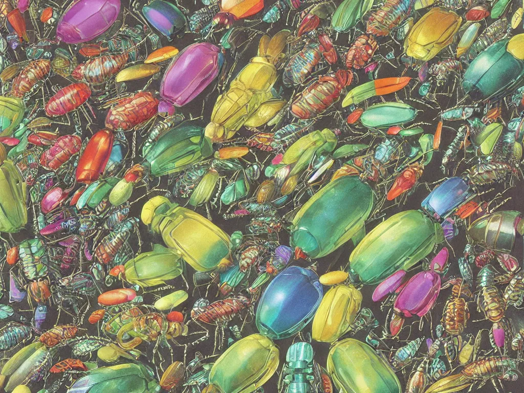 Image similar to Invasion of the iridescent bugs, painting by Walton Ford