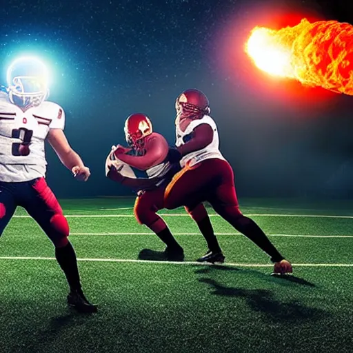 Image similar to 3 Football players play football with a fireball, space battle in the background, heroicб cinematic lighting