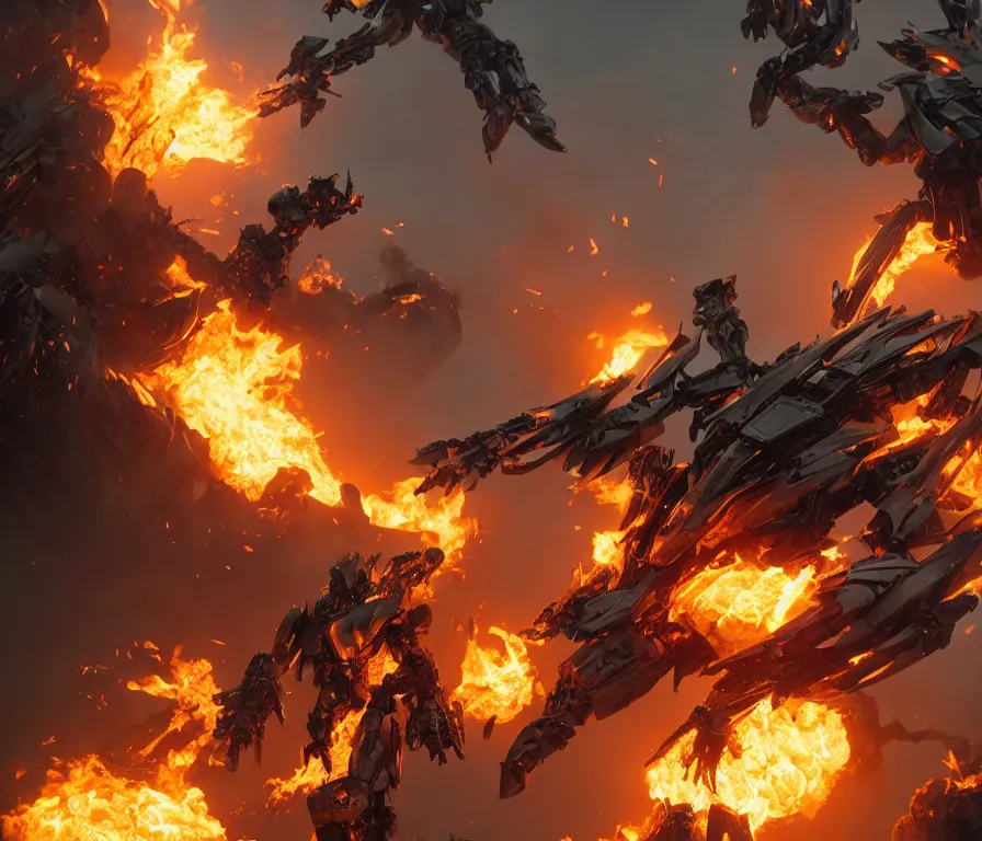 Image similar to a beautiful hyperrealistic detailed 3 d render of burning mechs in a far realm war, by anton otto fischer, atey ghailan, unreal engine, octane render, gigantic, 3 d, brilliantly coloured, intricate, ultra wide angle, trending on artstation, volumetric lighting, hdr, polished, micro details, ray tracing, 4 k