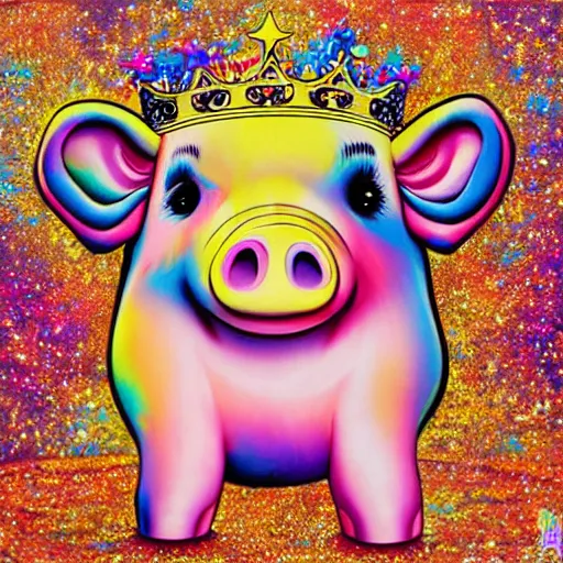 Prompt: lisa frank action pose pig wearing a gold crown throwing pop corn painting by android jones