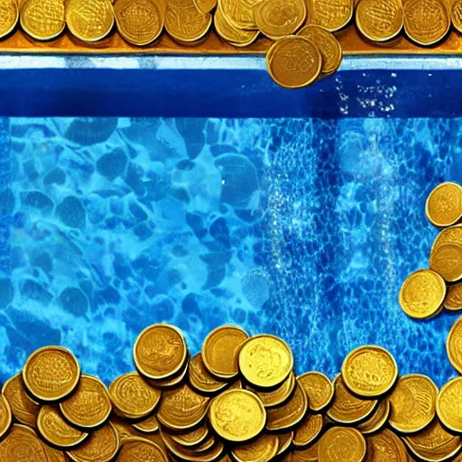 Prompt: photorealistic photograph of a swimming pool full of gold coins instead of water, pool with coins inside, pool inside a vault
