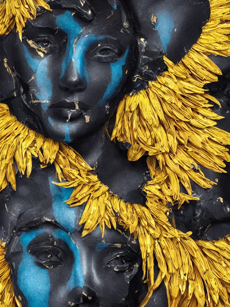 Prompt: symmetrical painting of a fractured dark obsidian greek statue of asian female beauty, yellow gemstones spikes, crystallic sunflowers, lightblue dripping acrylic paint and magenta tar, repaired with kintsugi, rendered in octane trending on cgsociety. extremely detailed and intricate art, corruption, sleek