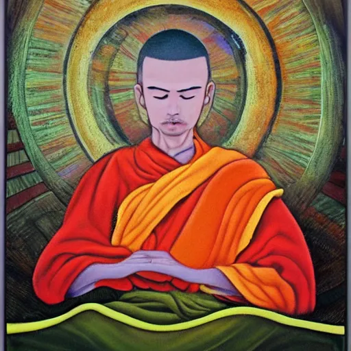 Prompt: an abstract painting that captivates the viewer, illusions, beautiful, fantasy, meditation. A monk meditates in the center to unlock his full potential