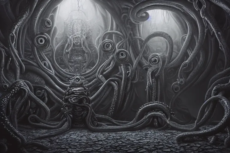 Prompt: ultra realist soft painting of the world of Lovecraft and Giger, gigantic oily tentacles and eyes, very intricate details, ultra dense fog, golden ratio, volumetric black and white lighting, reflections, refractions, symmetry accurate anatomy features, octane render