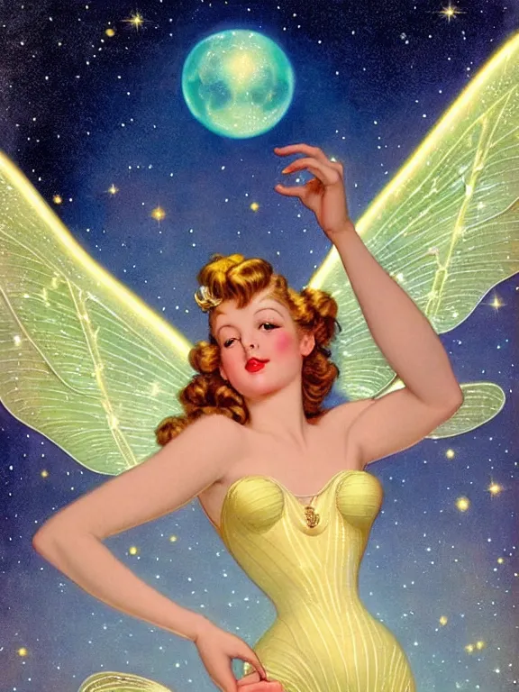 Prompt: Diana argon as tinkerbell glowing, a beautiful art nouveau portrait by Gil elvgren and Hajime Sorayama, moonlit starry sky environment, centered composition, defined features, golden ratio, gold jewlery, sheer silk